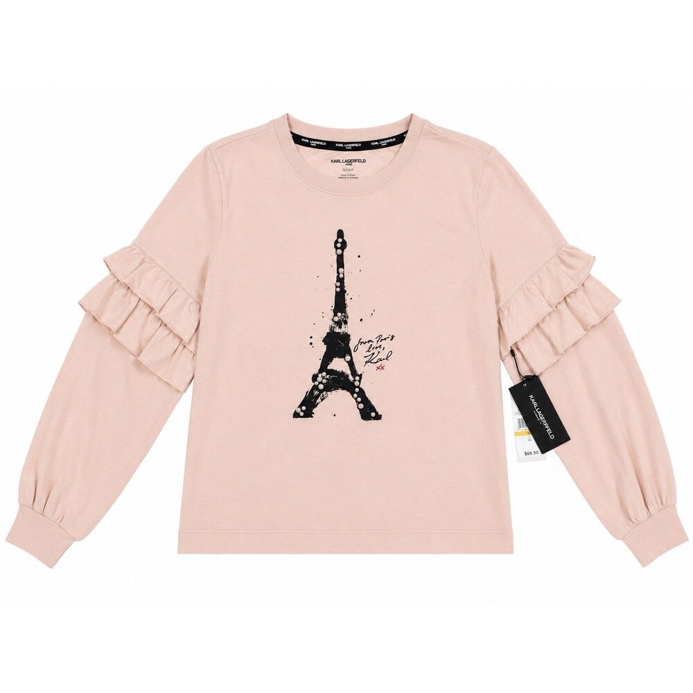 Karl Lagerfeld Paris Women’s Eiffel Tower Pearl Ruffle Top Pink S NWT